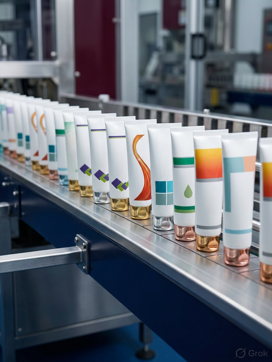Finished cosmetic laminated tubes on cleanroom packaging inspection line